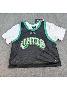 Gameday Glam Blokecore Boston Celtics Sequin Mesh Jersey Cropped Top Small